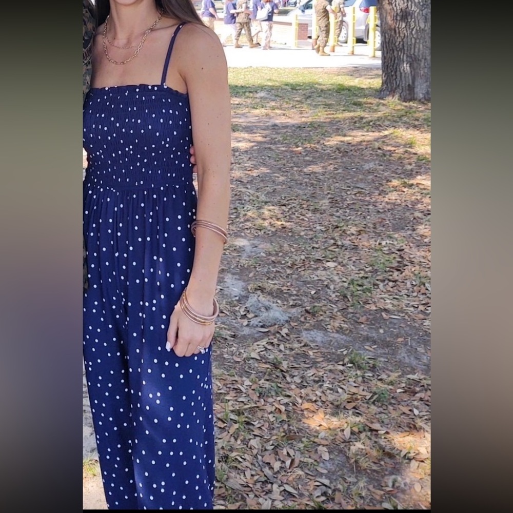 Blue and white polka dot jumpsuit